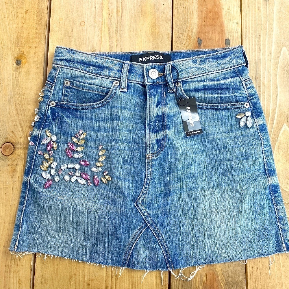 Express Blue Denim Mini Skirt with Multi-Color Jewel Embellishments